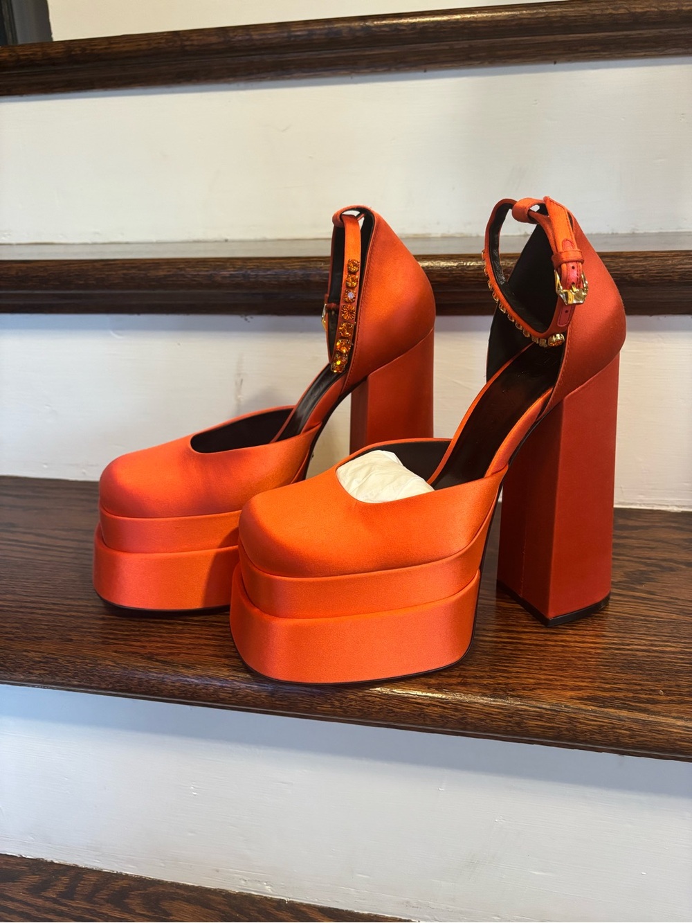 Versace Orange Satin Platform Ankle-Strap Heels (Brand new, never worn)